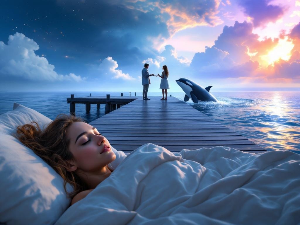    К чему такое снится: На картине изображена пристань, где женщина и мужчина стоят на краю, смотря на белую касатку, которая подплыла к ним. Мужчина выглядит как будто предлагает женщине ч