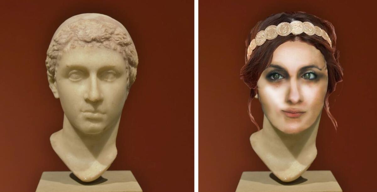 Бюст Клеопатры из собрания Цезареи Мавретанской. Справа - возможный внешний вид Клеопатры