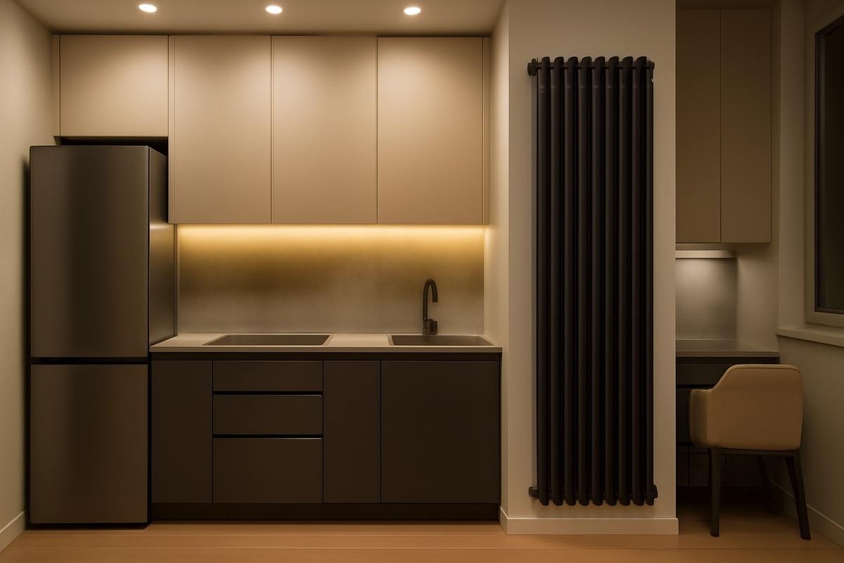 Вертикальный радиатор в арке кухни: экономия места и скрытый монтаж труб