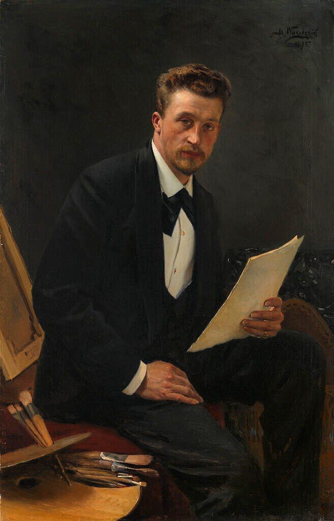 Маковский Владимир Егорович (1846-1920)Портрет А.В. Маковского, 1895, холст, масло,127 x 81 см, Третьяковская галерея, МоскваВладимир Маковский представил сына в привычной для художника обстановке – его мастерской. На мольберте подготовленные для работы холсты, аккуратно сложенные кисти, они ждут прикосновения к палитре, а сам художник изображен не в рабочей одежде, а в строгом костюме, словно готовясь принять гостей. Собранность, сосредоточенность молодого человека подчеркнуты сдержанной красочной гаммой, основанной на сочетании черного и белого цветов. Но в том, как художник пишет сына, чувствуется безмерное уважение отца к его личности и творчеству. Можно предположить, что портрет написан в связи с завершением учебы в Академии художеств у Репина и получением звания художника. На портрете Александру 26 лет и его жизнь еще впереди, он оставит большое и интересное творческое наследие (ист.: ГТГ).