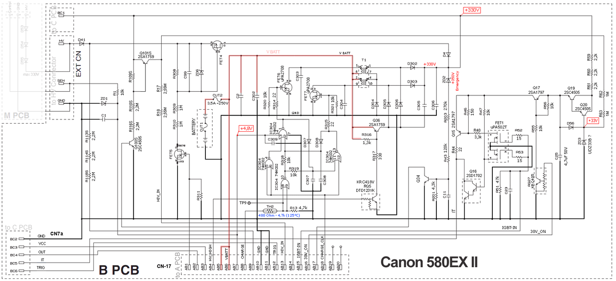 Принципиальная схема преобразователя напряжения фотовспышки Canon 580 EXII