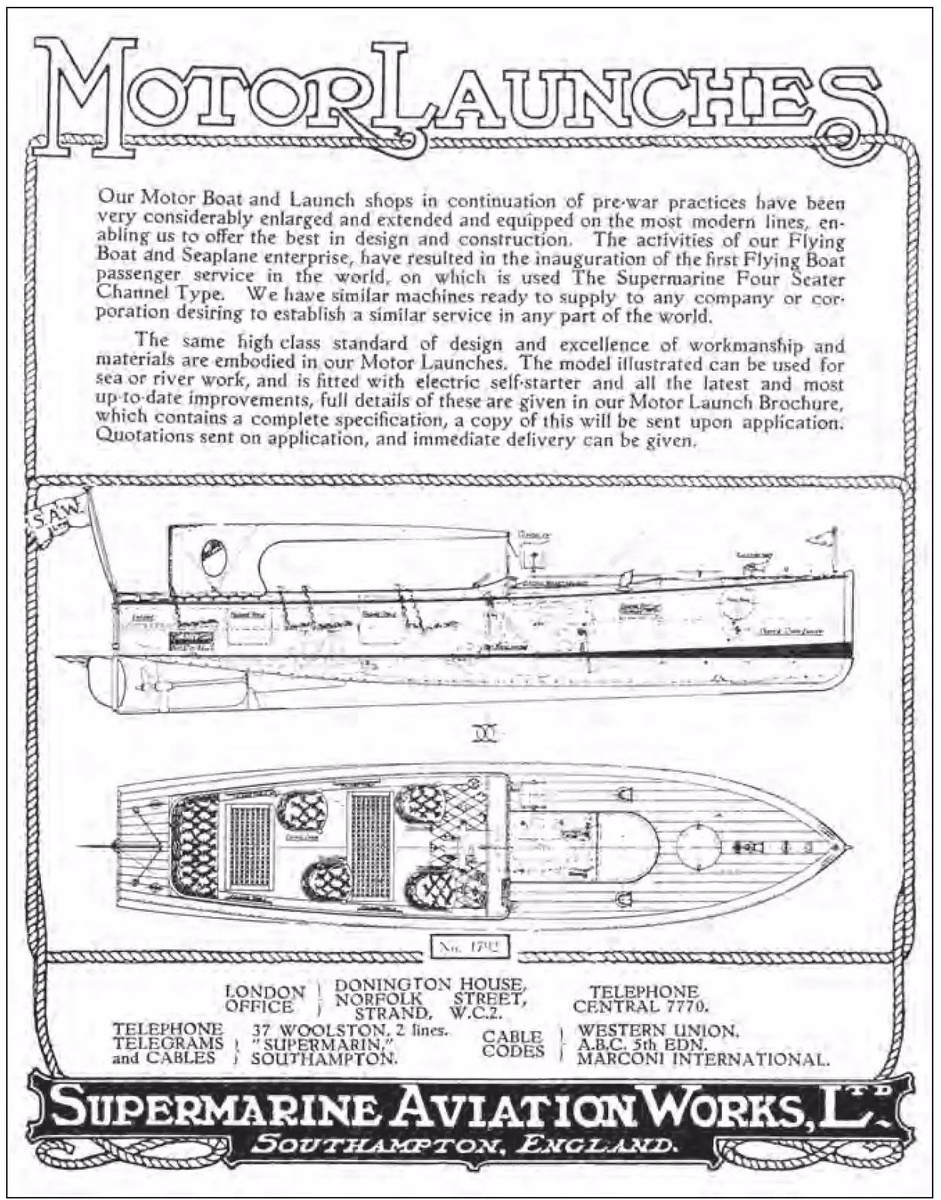в 1919 году в компании Supermarine было основано морское подразделение, предназначенное для изготовления моторных лодок. Одна 24-футовая (7,3 м) модель была продана в качестве посыльного судна для королевской яхты «Виктория и Альберт» (HMY Victoria and Albert [1899])
