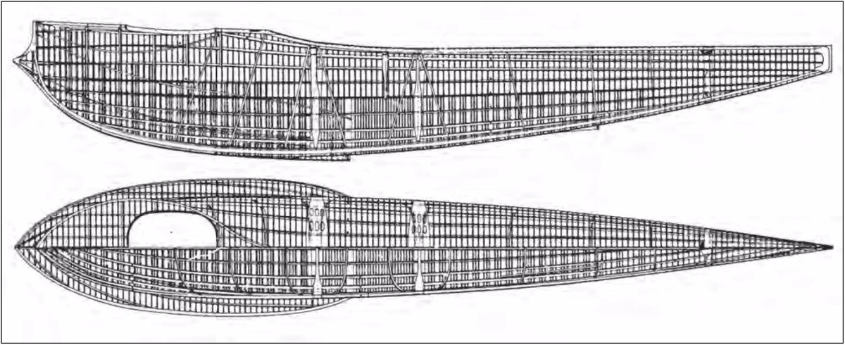 внутренняя структура корпуса гоночной летающей лодки Sea Lion, демонстрирующая переплетение легких бугелей и стрингеров, типичных для конструкций Линтона Хоупа