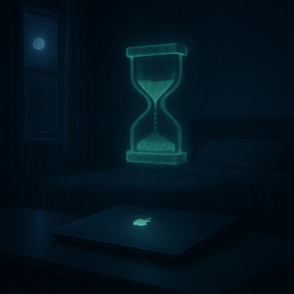 Закрытый MacBook Pro мерцает в лунном свете, а над ним тает призрачный индикатор-часовня батареи — визуальный образ неожиданного ночного разряда и найденного решения.