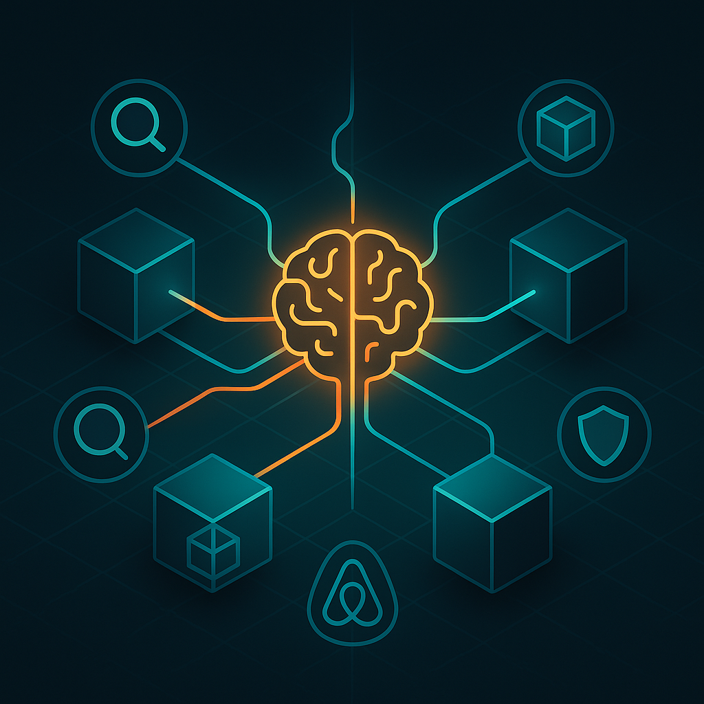 Светящийся «мозг» LLM в центре соединён яркими линиями с кубами-MCP, окружёнными пиктограммами поиска, жилья, 3D и безопасности — образ инструмента mcp-use, связывающего любые модели с любыми серверами и реальными действиями.