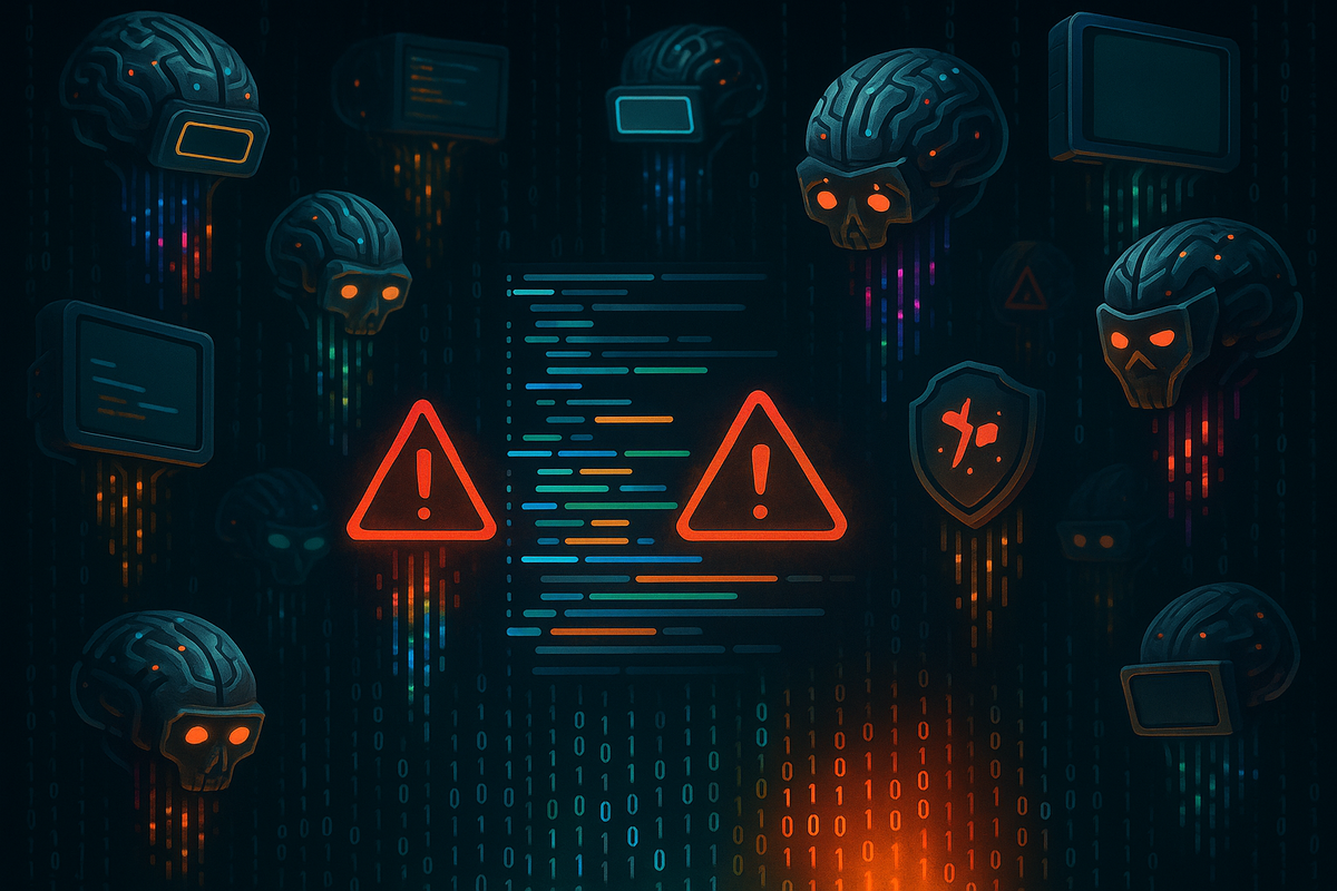 Потоки кода, льющиеся из десятка ИИ-«мозгов», сталкиваются с красными значками опасности — образ того, как почти половина AI-кода несёт критические угрозы безопасности.