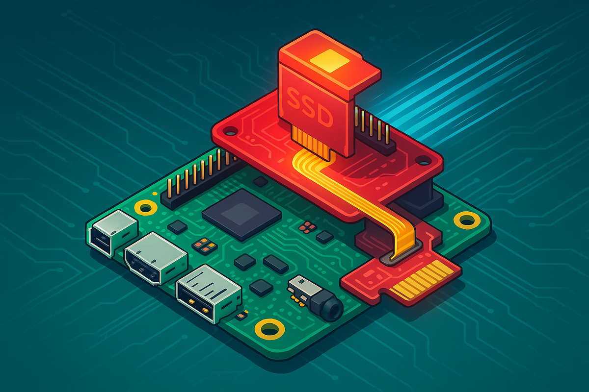 Ускорение для «малинки». Ярко-красный HAT-модуль с сияющей microSD Express словно вливает огненный поток данных в плату Raspberry Pi 5, подчёркивая десятикратный прирост скорости хранения.