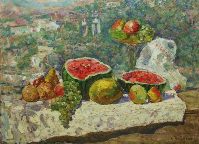 Владимир Гремитских. Натюрморт с арбузом. 1983. Холст, масло. 60 х 80. Частное собрание