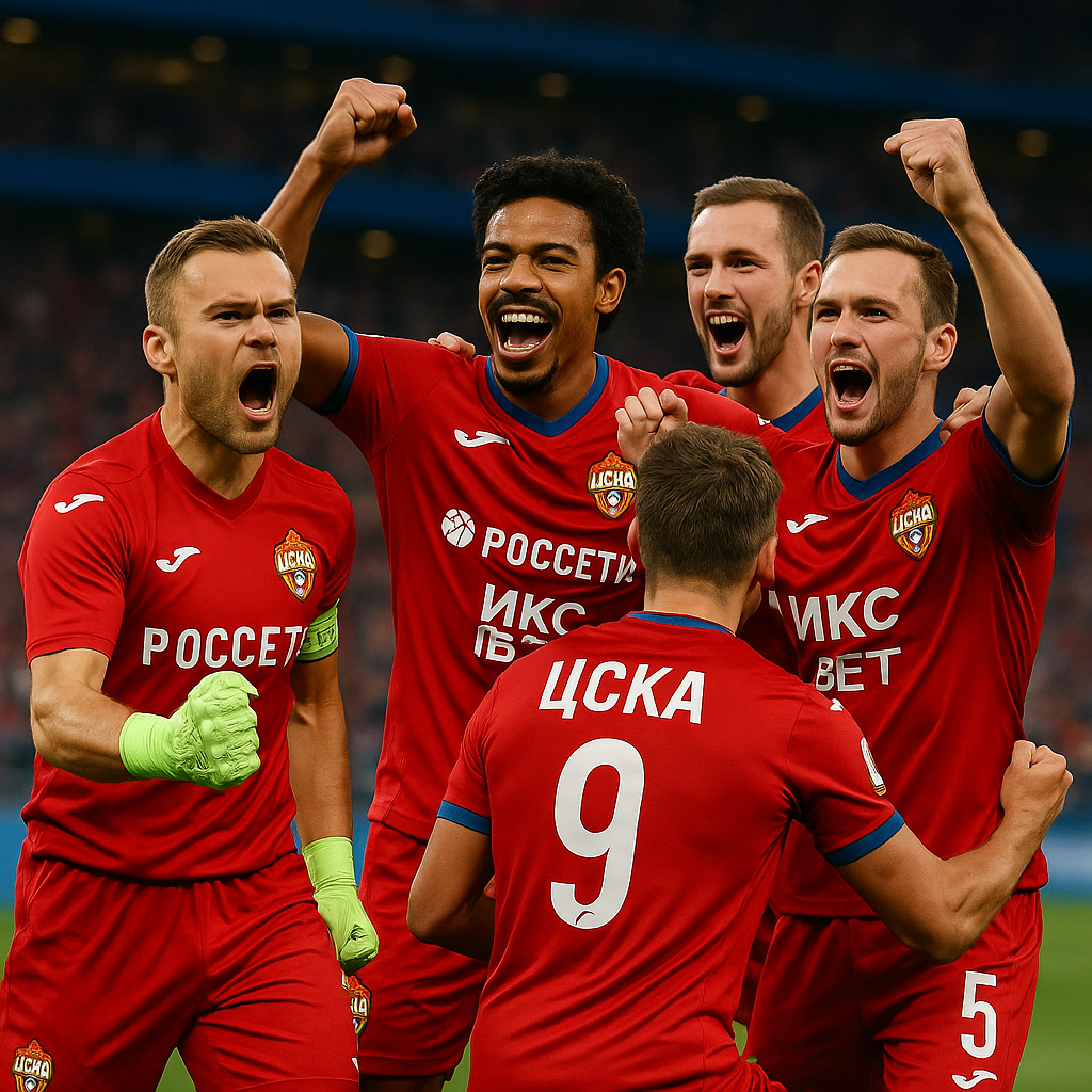 Российские футболисты празднуют гол на стадионе