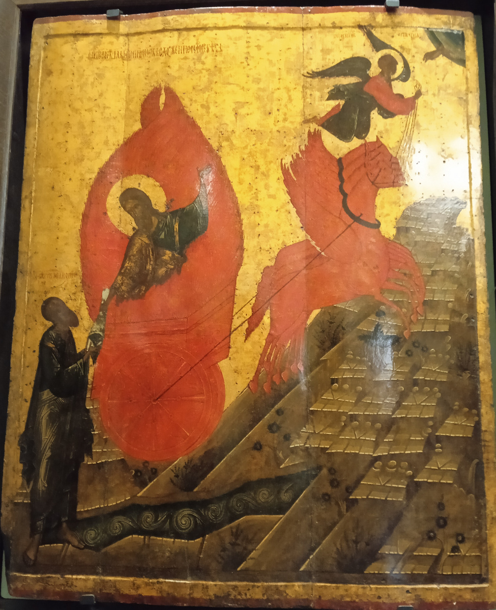 Икона "Восхождение Ильи Пророка". Икона Псковской школы. XIV-XV век. Репродукция. Государственный исторический музей. Фото автора