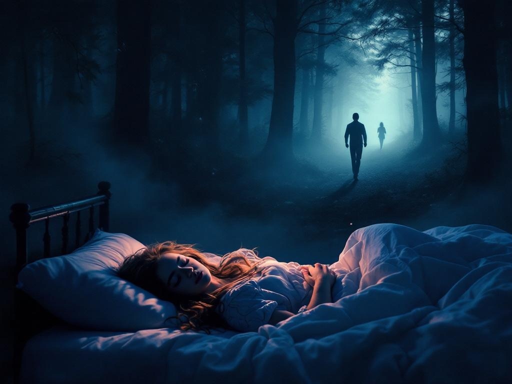    К чему такое снится: На картине изображена женщина, бегущая через темный лес, оглядывающаяся назад. Вдалеке виден силуэт мужчины, который идет за ней, но он едва различим в полутьме дере