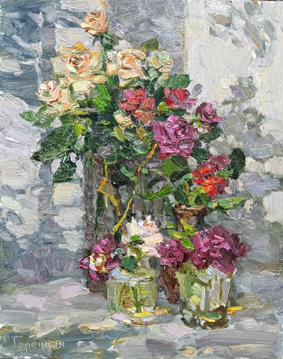Полина Горецкая «Розы» 2025 картон, масло 50х30