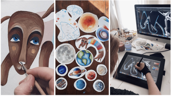 Рисую от руки, отдельные элементы сканирую и обвожу в фотошопе. Элементы размещаю на размерах изделия.