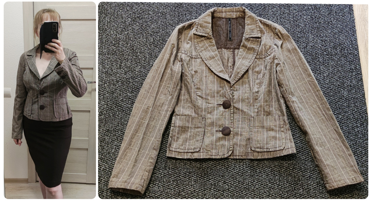 Из примечательного, у жакета пуговицы обтянуты сеткой, и на спинке часть подкладки - тоже сетка. Что выглядит необычно. Жакет винтажного вида и кроя. Всё из этого я нахожу плюсами. 