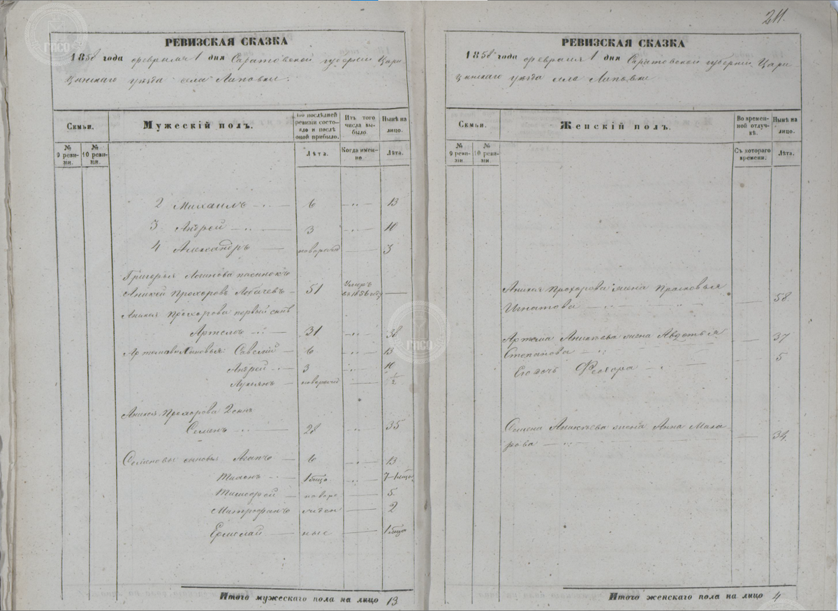 Ревизская сказка с. Липовки Царицынского уезда