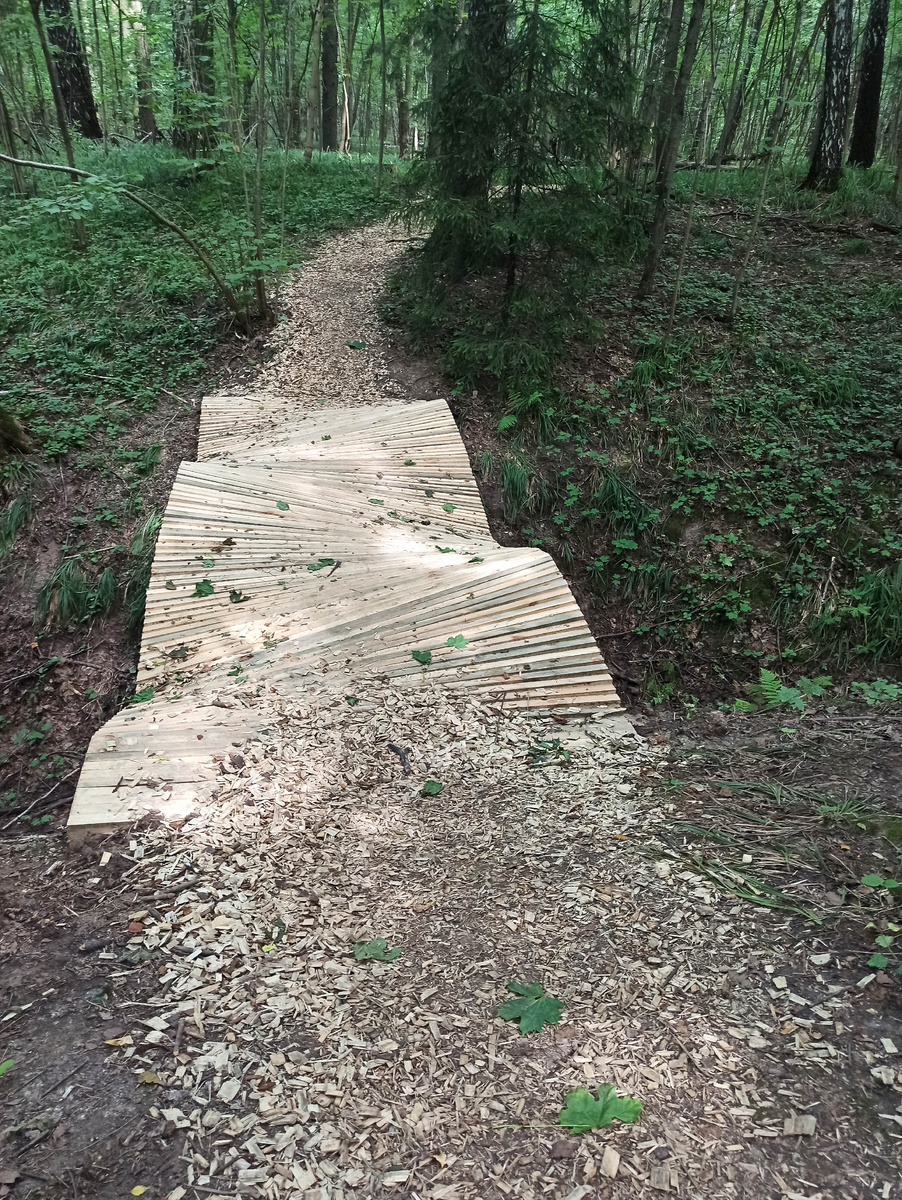 Вот такой мост через канаву. Здесь видно каким материалом отсыпаны дорожки — ходить по нему приятно в любую погоду, и глушит звуки.