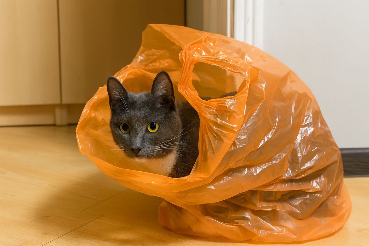 Кот залез в пакет