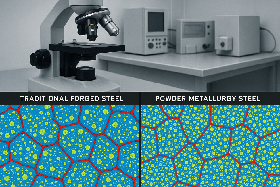 Сравнение микроструктуры традиционной кованой стали и порошковой стали под микроскопом