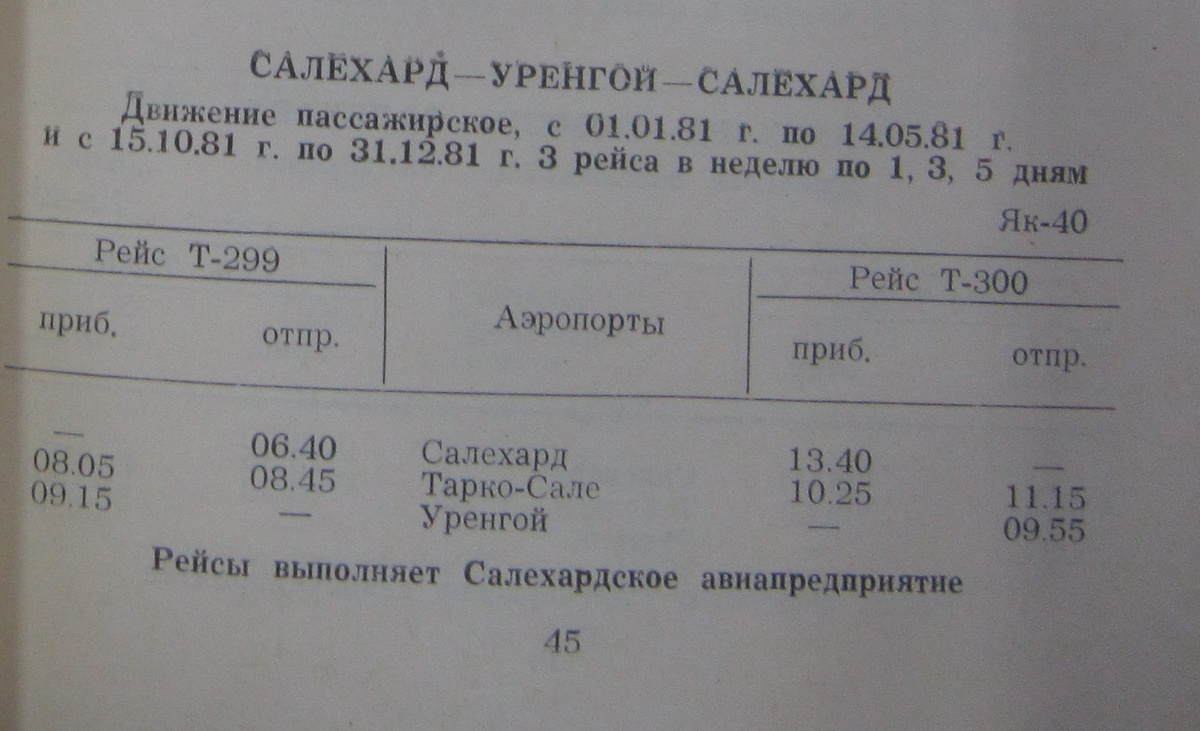 Расписание рейса Т-299 на летний сезон 1981 года. Из моей коллекции