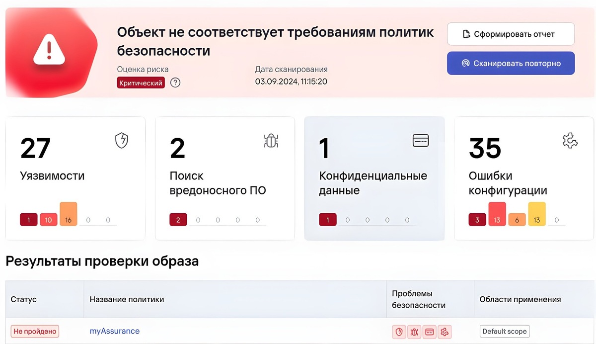 Рис. 1. Пример опасного образа в реестре в Kaspersky Container Security