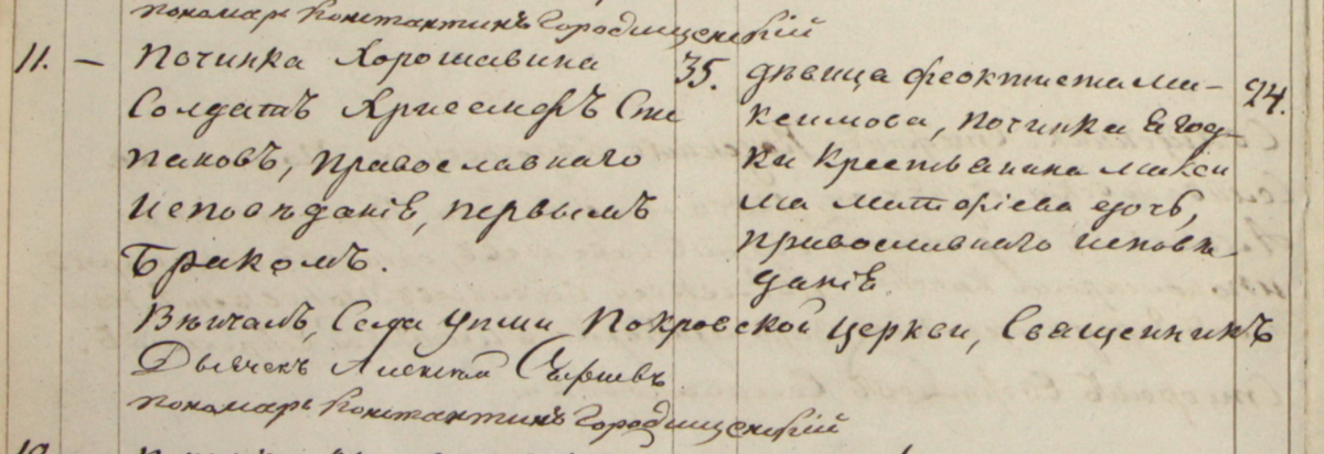 Вот, например, запись о браке Хрисанфа Степановича Хорошавина и Феоктисты Максимовны. Отец у нее просто записан - Максим Матвеевич