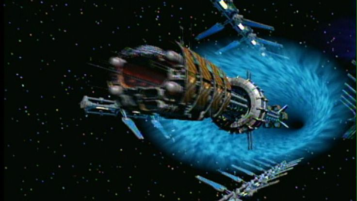 Вход космического корабля в безпространственный туннель. 