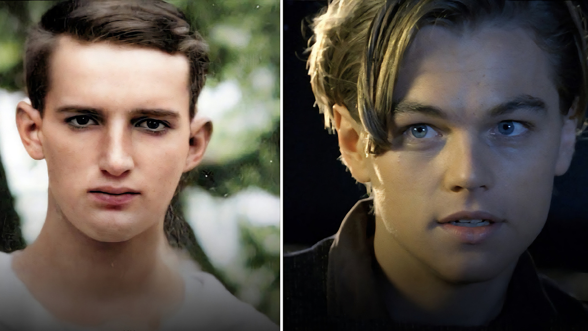 Реальный Джек Доусон с «Титаника» слева, актёр, исполнивший роль Джека в фильме, — Леонардо Ди Каприо справа.