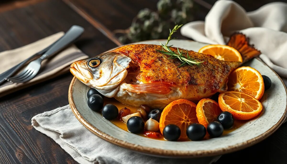 🐟 Дорада, запечённая с апельсинами, оливками и розмарином 