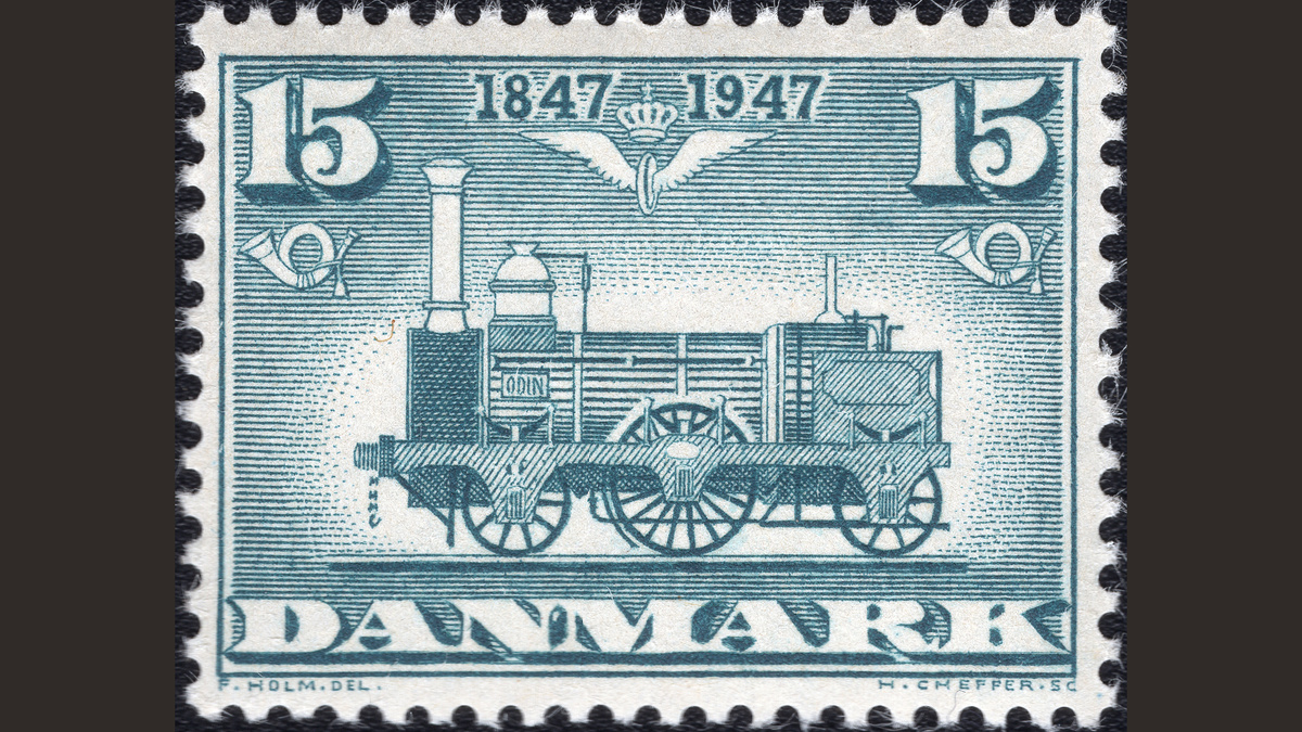 1. Дания, 1947 год, № 298. Первый паровой локомотив 1A1 n2 «Odin» (1847). 100 лет Датской железной дороге.