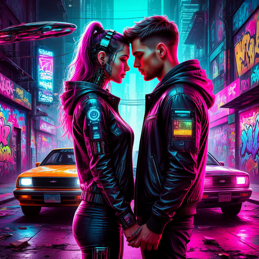 Влюбленная пара в городской ночи, окруженная ярким граффити и современными световыми технологиями, создающими волшебную атмосферу романтики и будущего.