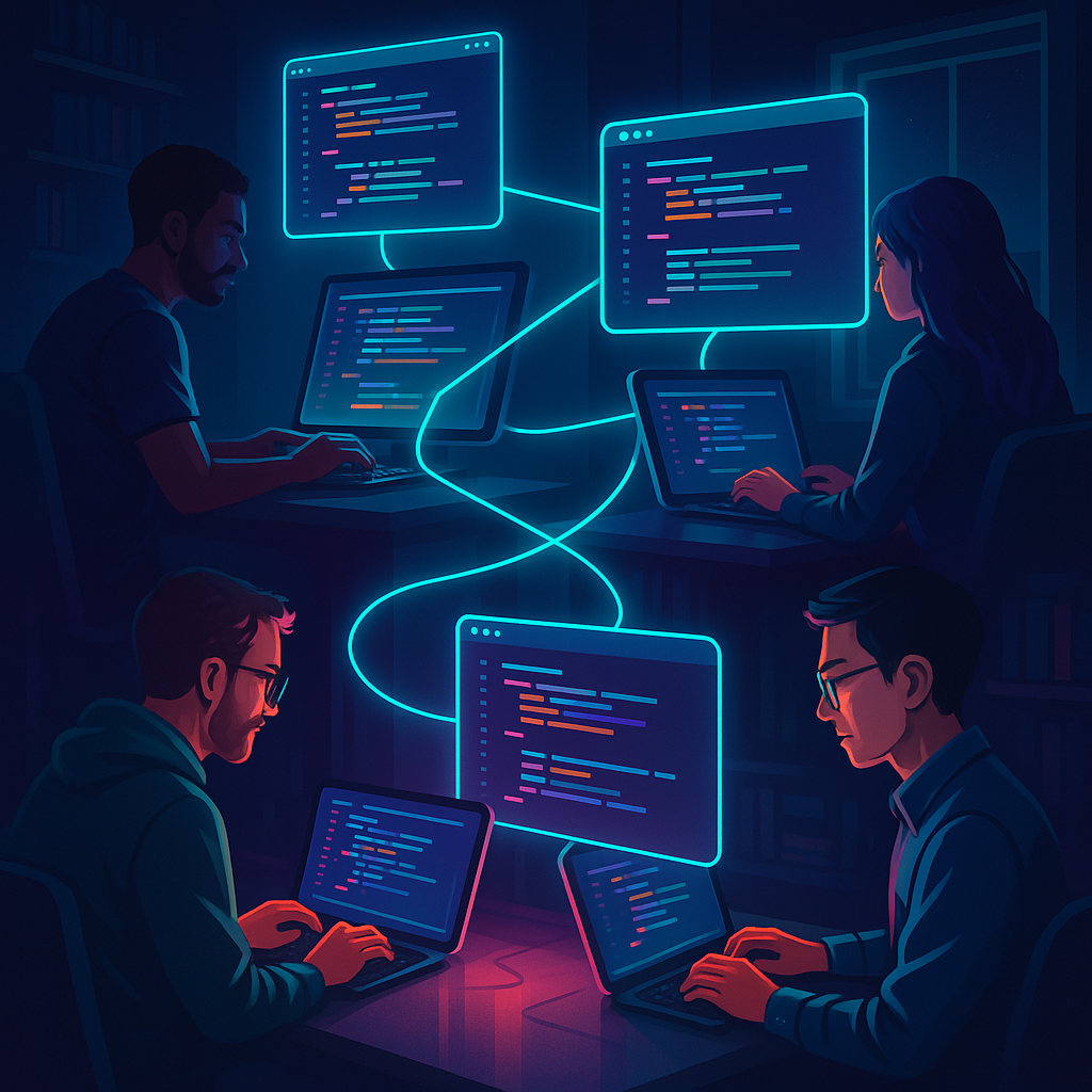Иллюстрация: четыре программиста в разных комнатах, их экраны соединены светящимися линиями — символом P2P-связи, показывая, как код синхронизируется в реальном времени.