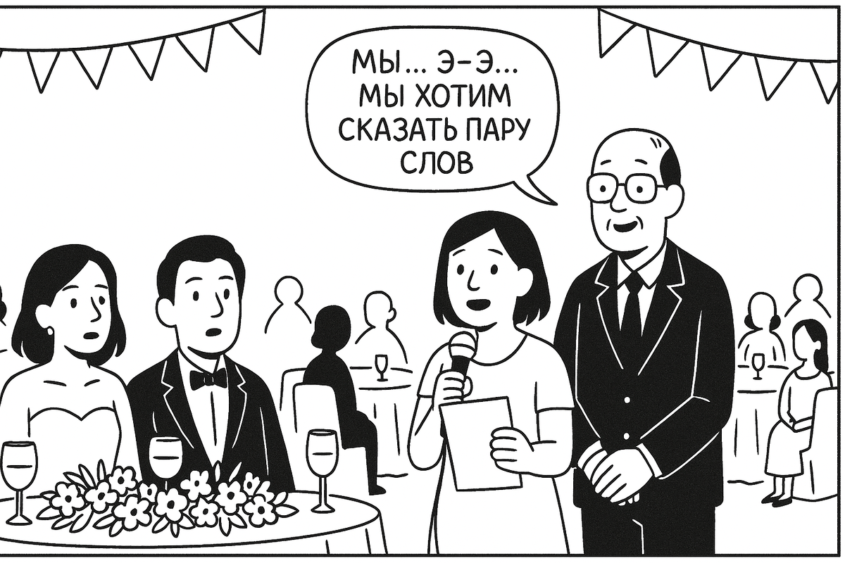 Комикс про песню на свадьбу от родителей: молодожёны за свадебным столом удивлённо смотрят на маму и папу, которые держат микрофон и готовятся исполнить музыкальный подарок. Русский текст. Заказать песню на свадьбу — оригинальный подарок.