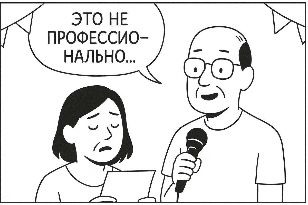 Кадр из комикса о песне на свадьбу: родители с трогательным выражением лиц готовятся исполнить песню. Подписи на русском: «Это не профессионально…» / «…но очень от сердца». Лучший подарок молодожёнам — песня на заказ