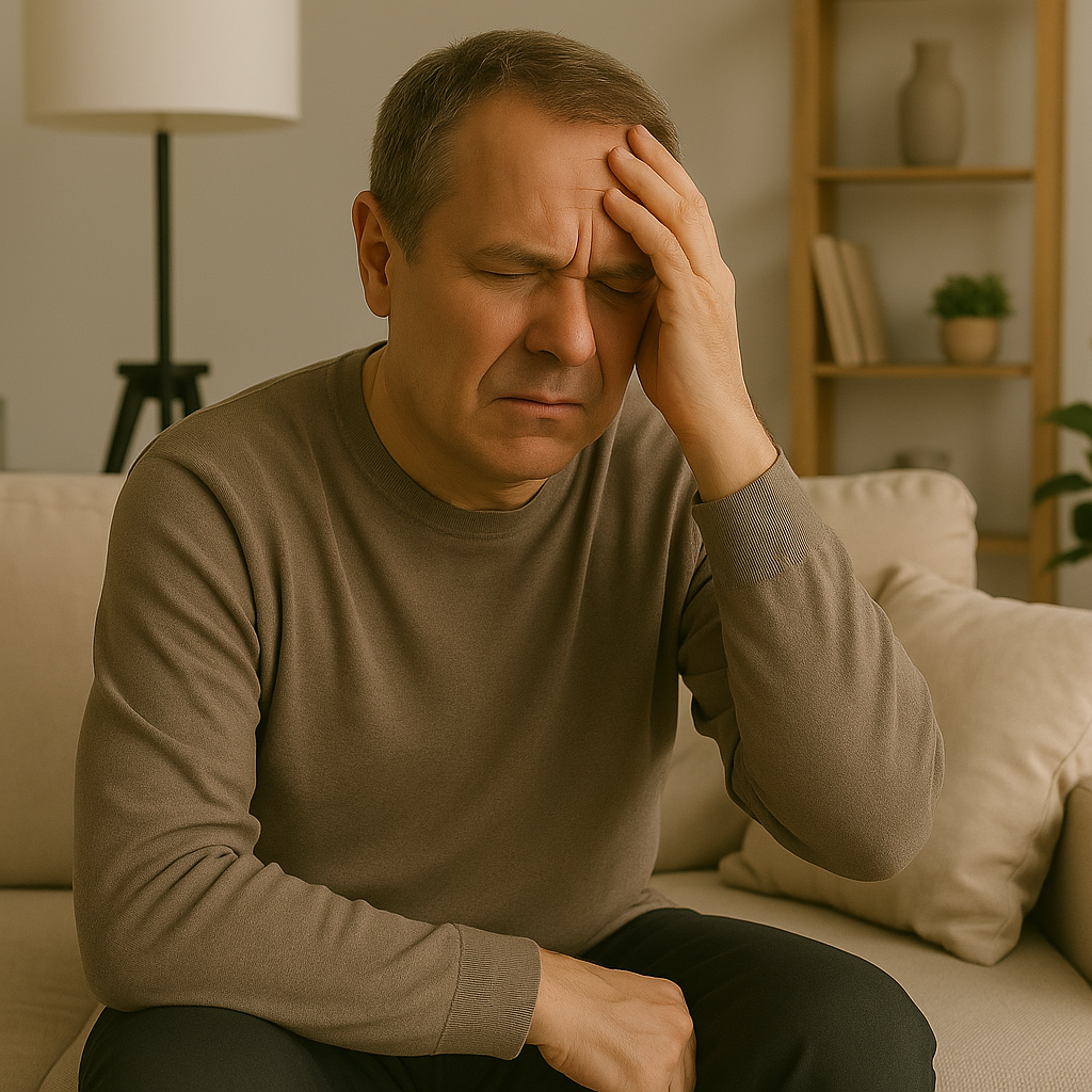 мужчина средних лет держится рукой за голову головная боль, сидит в гостиной дома, выражение дискомфорта, мягкое освещение, современный интерьер