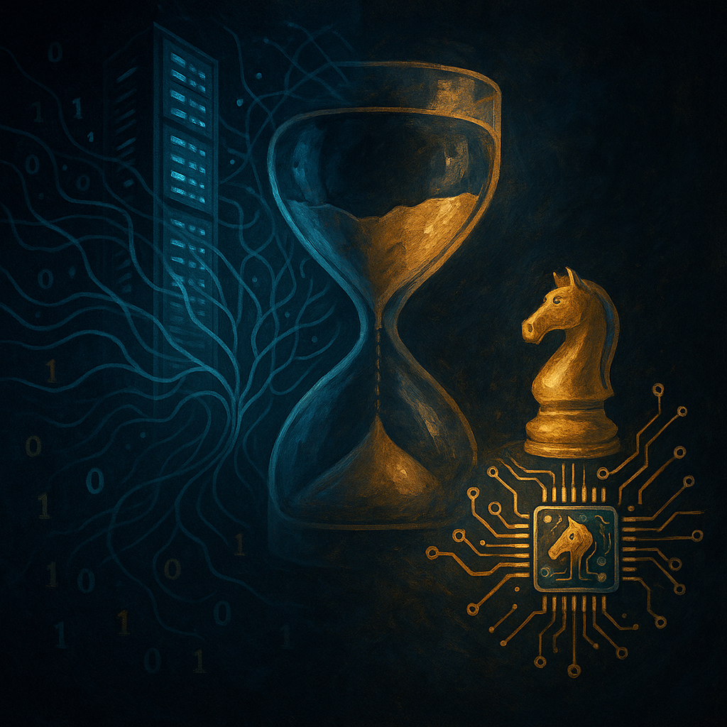 Иллюстрация: часовые пески делят сцену на две части — слева громоздятся серверные башни с потоками двоичного кода, справа на светящейся микросхеме стоит золотой шахматный конь и шестерёнки. Образ противопоставляет «масштаб и brute-force» «умным гибридным стратегиям», ставя под вопрос безграничность «горького урока».