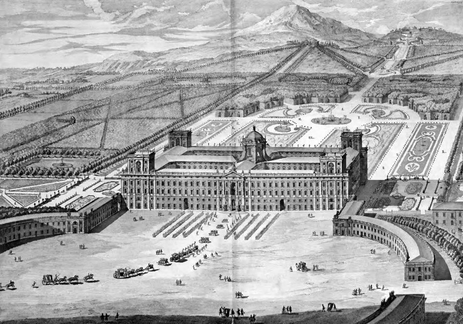 Королевский дворец в Казерте. Перспектива дворца по проекту Луиджи Ванвителли. Гравюра 1756 г.