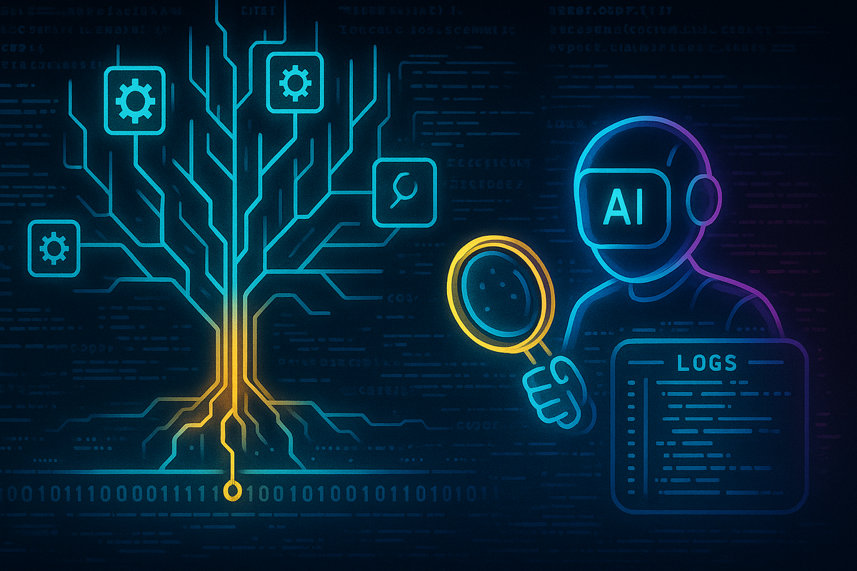 Иллюстрация: неоновое «дерево» трассировки разветвляется по коду, а рядом фигура AI-агента с лупой изучает панели логов — визуальный образ TraceRoot, где несколько ИИ-агентов мгновенно находят корень проблем в распределённых сервисах.