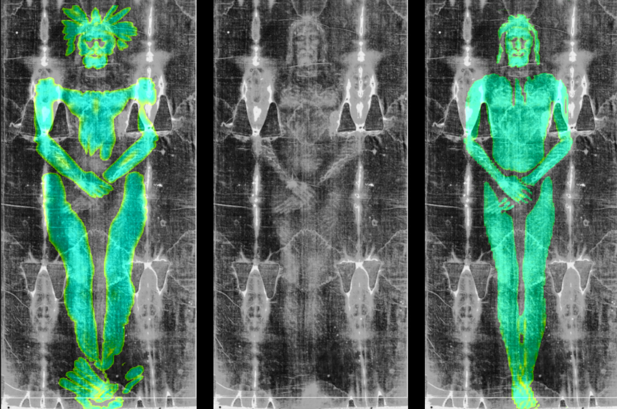 Наложение текстур, созданных с помощью 3D-моделей человеческого тела (слева) и барельефа (справа), на Туринскую плащаницу (в центре)