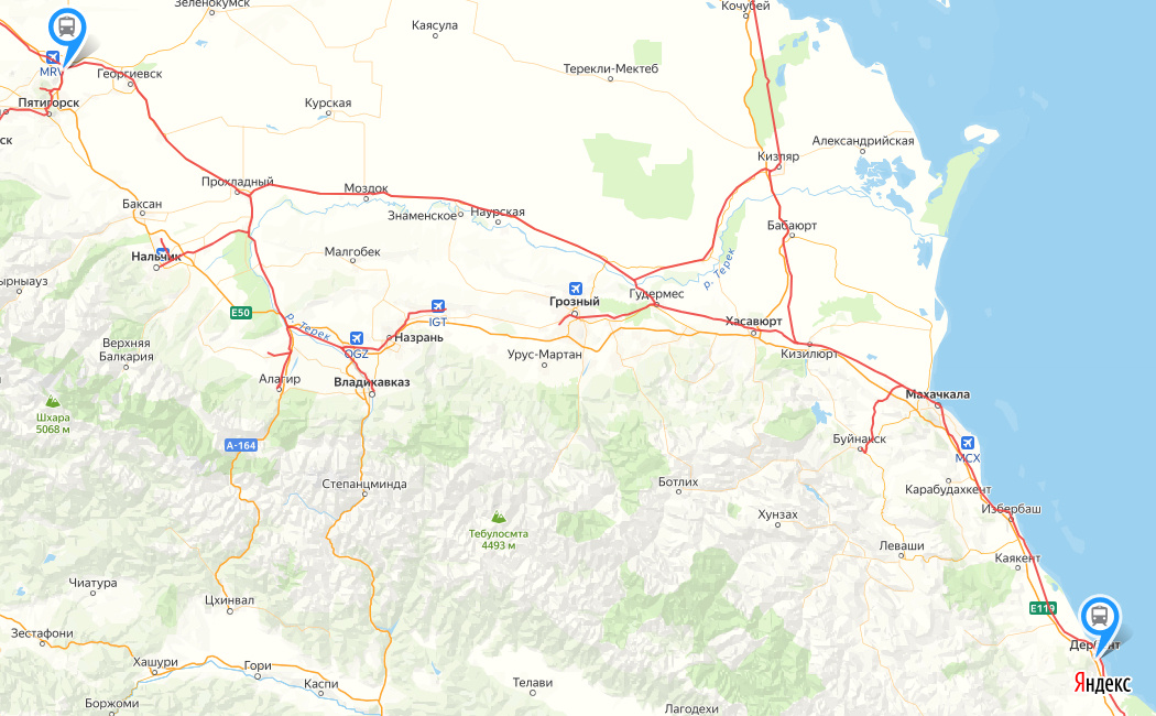 © yandex.ru/map-constructor (Движение поездов планируют запустить по направлению Минеральные Воды – Назрань – Грозный – Махачкала – Дербент