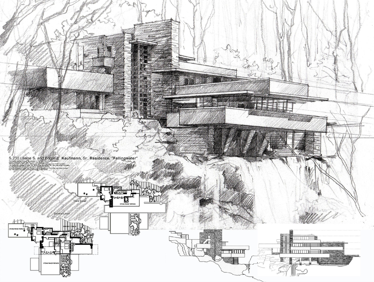 Фрэнк Ллойд Райт. Дом над водопадом. Эскиз и планы.
