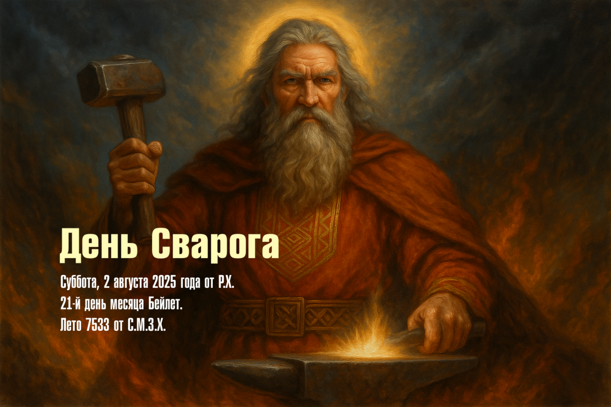 Сварог стоит у Кузни Миров, держит Молот Света и билу из звёзд. С каждым ударом он создаёт узоры судеб – и те, кто внимателен, слышат их музыку в сердце.