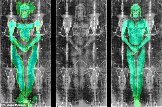 Новый анализ показывает, что изображения на Туринской плащанице (в центре) могли быть получены только путем наложения ткани на плоскую скульптуру (справа), а не на человеческое тело (слева).