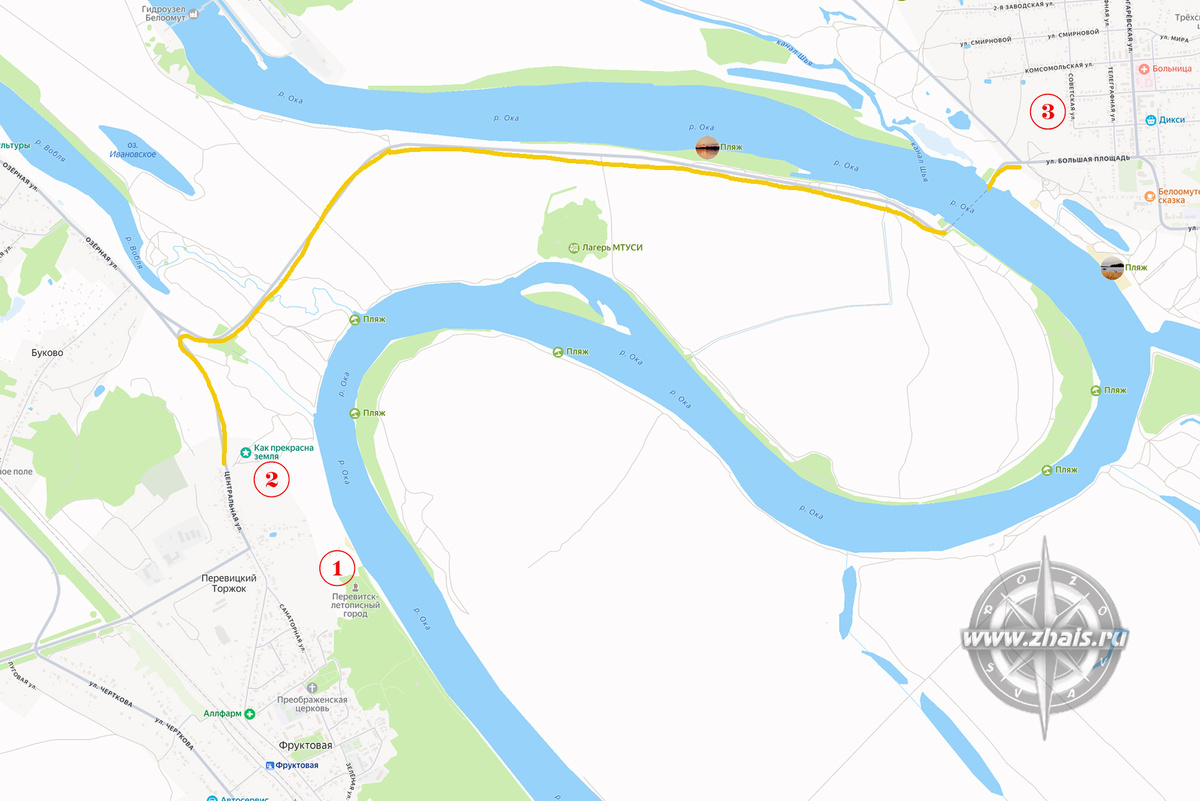 На карте 1 - городище Перевитское 1 (древний город Рязанского княжества Перевитск); 2 - городище Перевитское 2; 3 - поселок городского типа Белоомут.