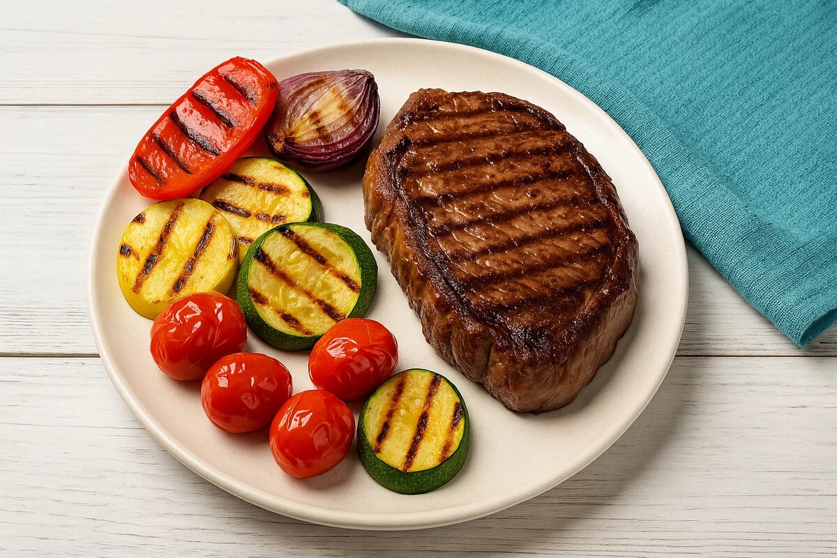 Стейк с овощами на гриле