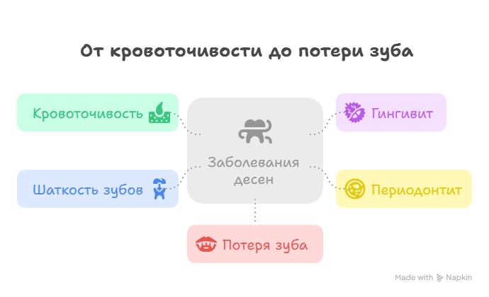 Кровоточивость десен без лечения может привести к потери зубов. 