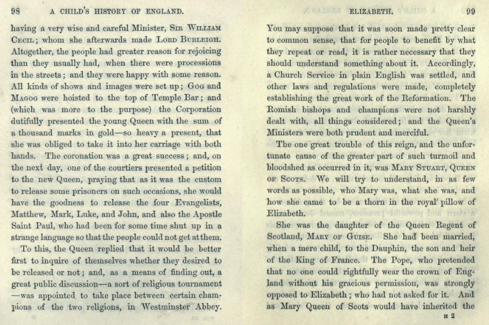 Страница 98 и 99 книги Чарльза Диккенса “История Англии для юных” (1854). Цитата о евангелистах.