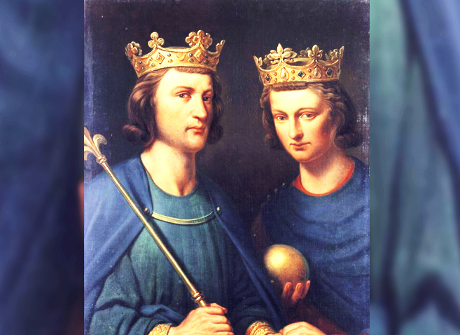 Короли Западно-Франкского королевства Людовик III (с "лилией" в руках) и Карломан II, бросившие вызов норманнам в 880-х годах.