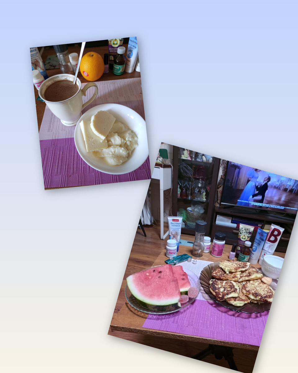 Обед в лотке не сфоткала, оладьи кабачковые на всех:) я всю тарелку не ела, арбуз весь мой