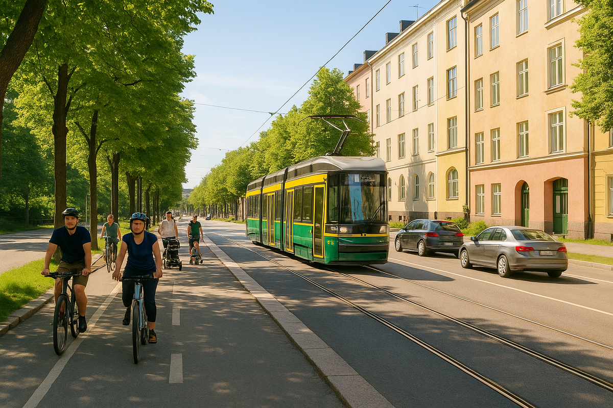 Летний день на спокойной улице Хельсинки: велосипедисты, пешеходы, трамвай и редкие машины движутся гармонично, подчёркивая безопасность дорожного движения.