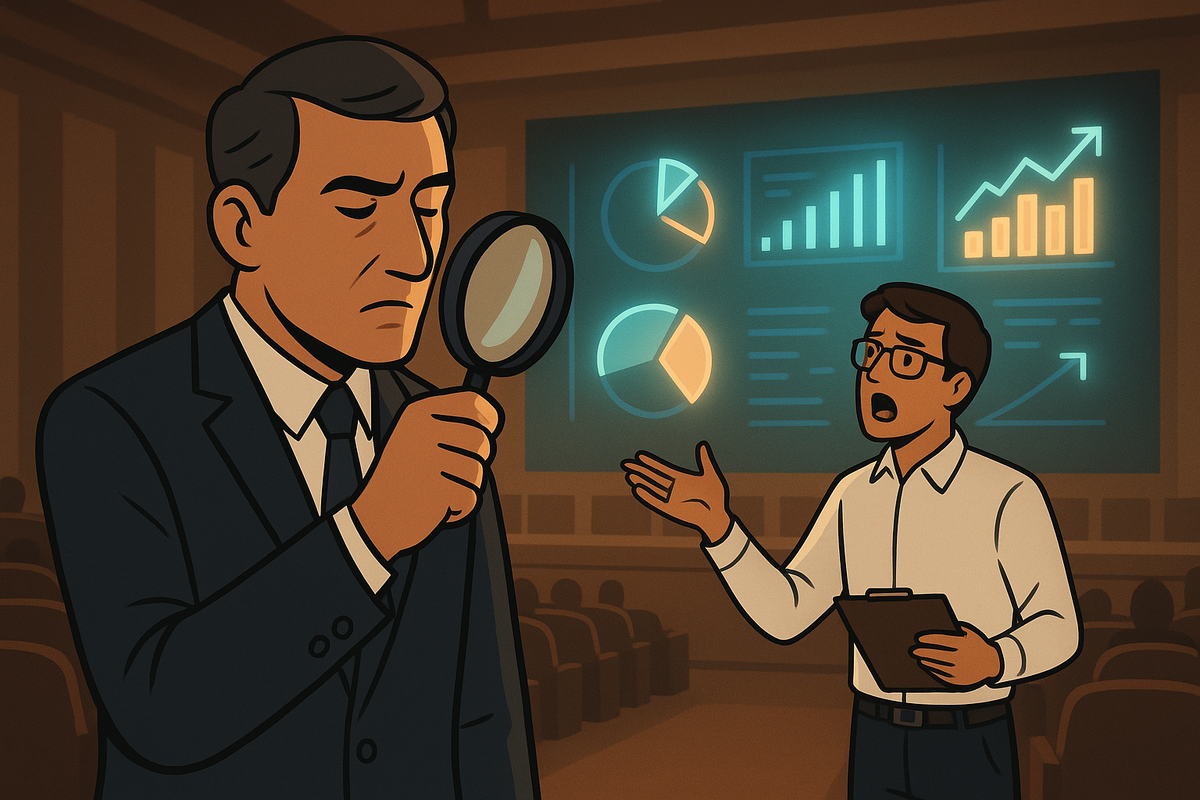 Сцена научного симпозиума: серьёзный скептик изучает данные через лупу, отворачиваясь от учёного, который пытается защитить свои выводы на фоне светящегося графика — визуальный образ кризиса профессионального скептицизма.